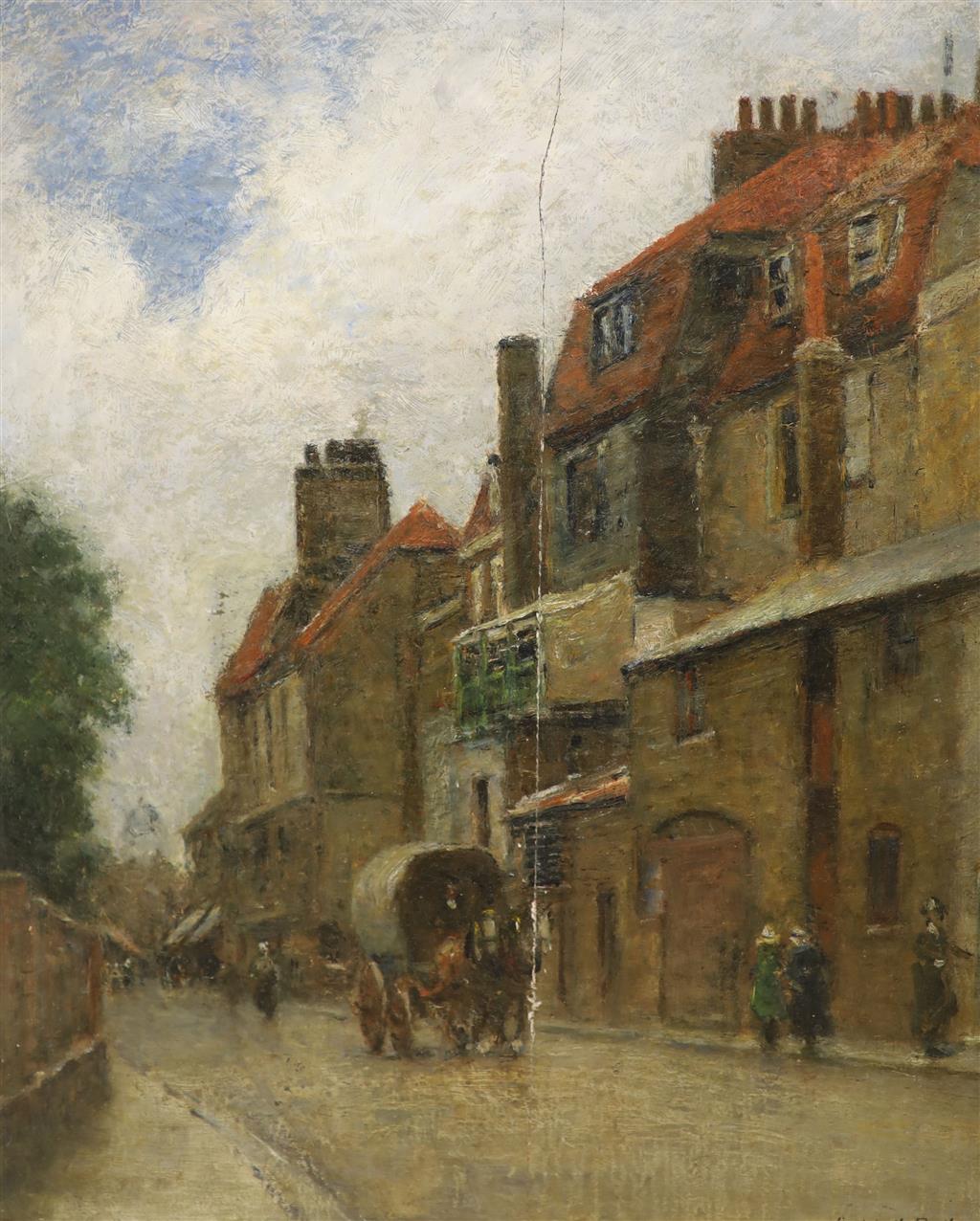 Arthur George Bell, N.E.A. (1849-1916), oil on panel, York Street, Covent Garden, London, St Pauls in background, signed, 41 x 33cm, u